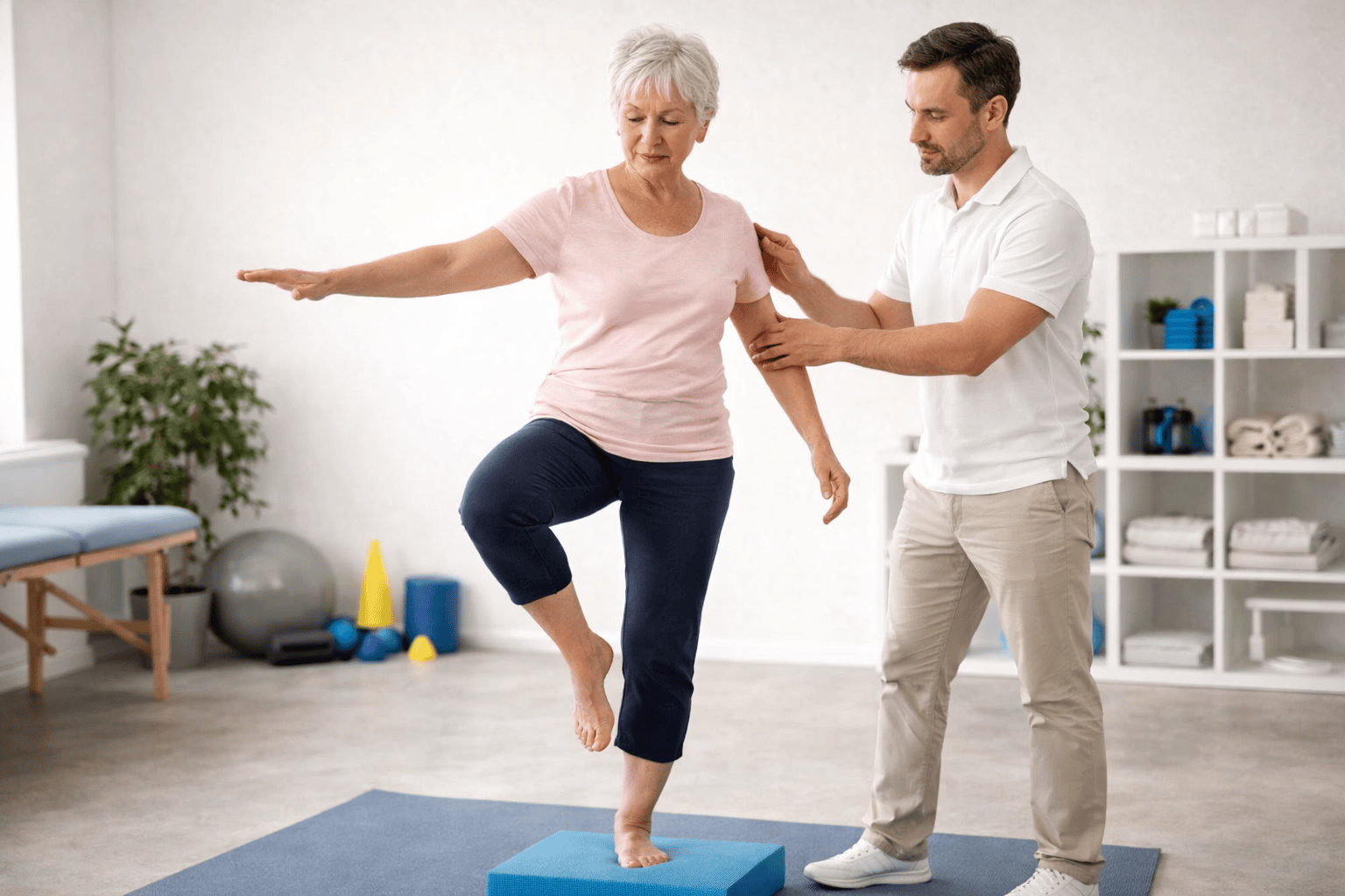 Balance- und Sturzprophylaxe: Gleichgewichtstraining mit männlichem Physiotherapeuten